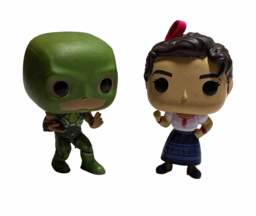 Lot of 2 Vinyl Figures Green Masked Character & Girl w/ Red Bow Ribbon